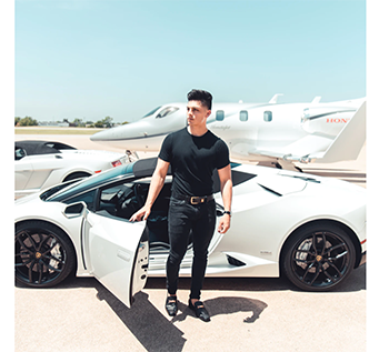 A person standing next to an expensive car, in front of a private jet.